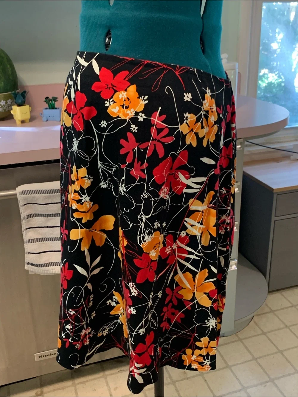 Vintage Notations Black Midi Skirt with Red & Orange Floral Print, Never Worn